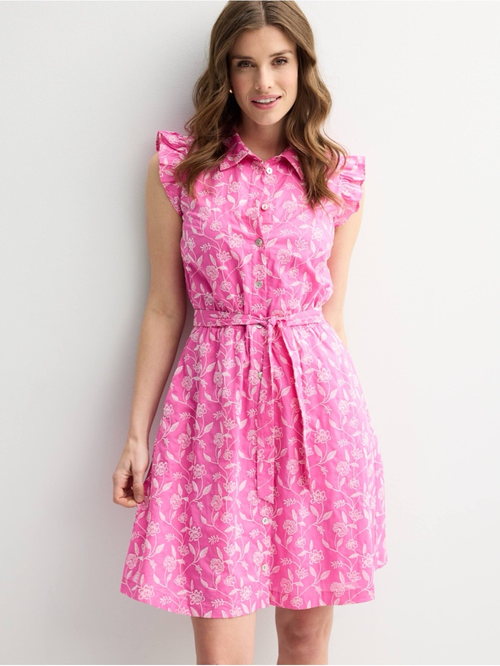 Draper James Pink Floral Button-Front Tie-Waist Dress